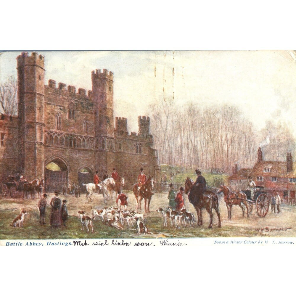 1905 Postcard BATTLE ABBEY Hastings England UK W H Borrow Watercolour Fox Hunt